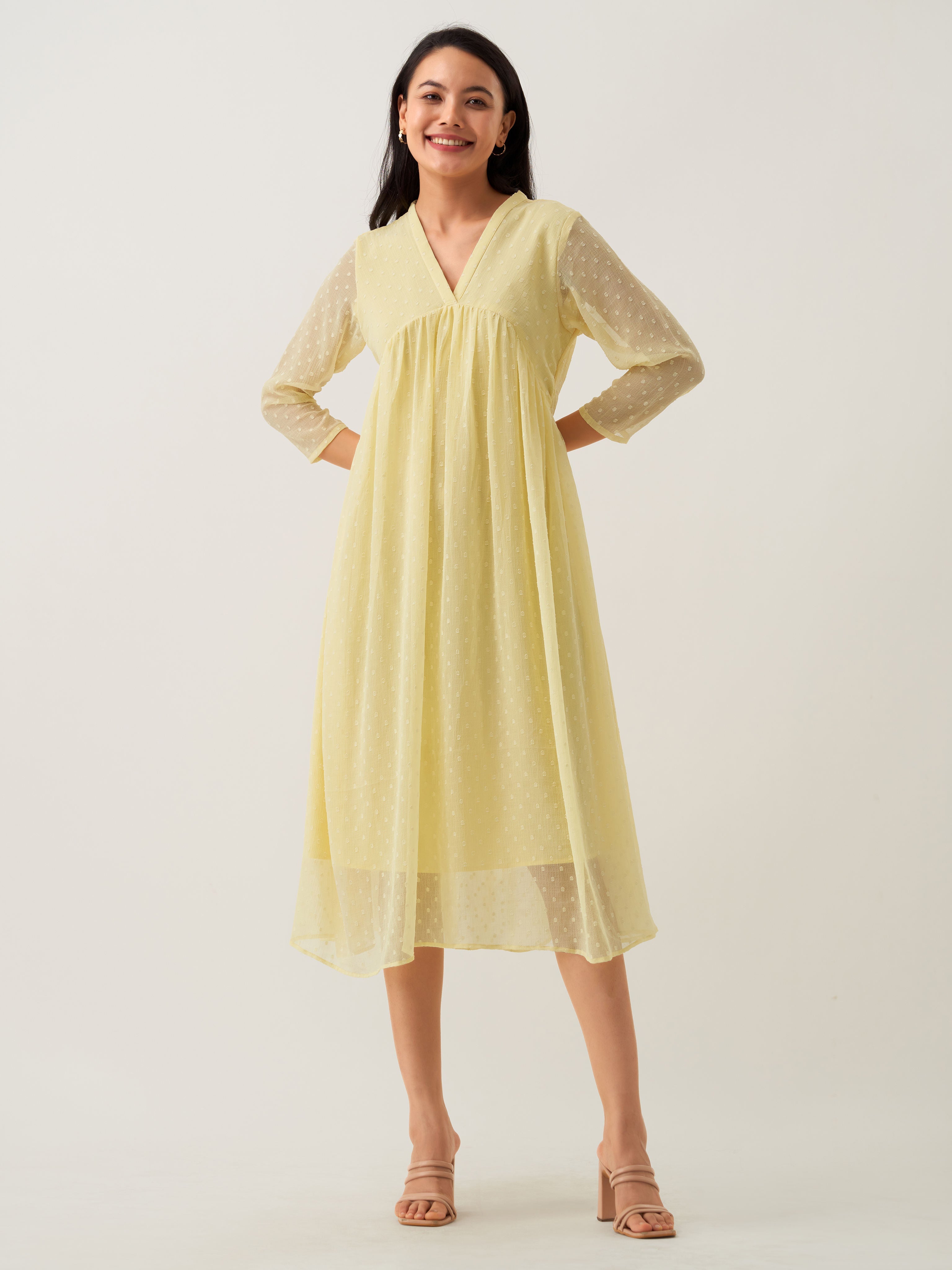 Light Yellow Chiffon Brasso Swiss Dot V-Neck Dress