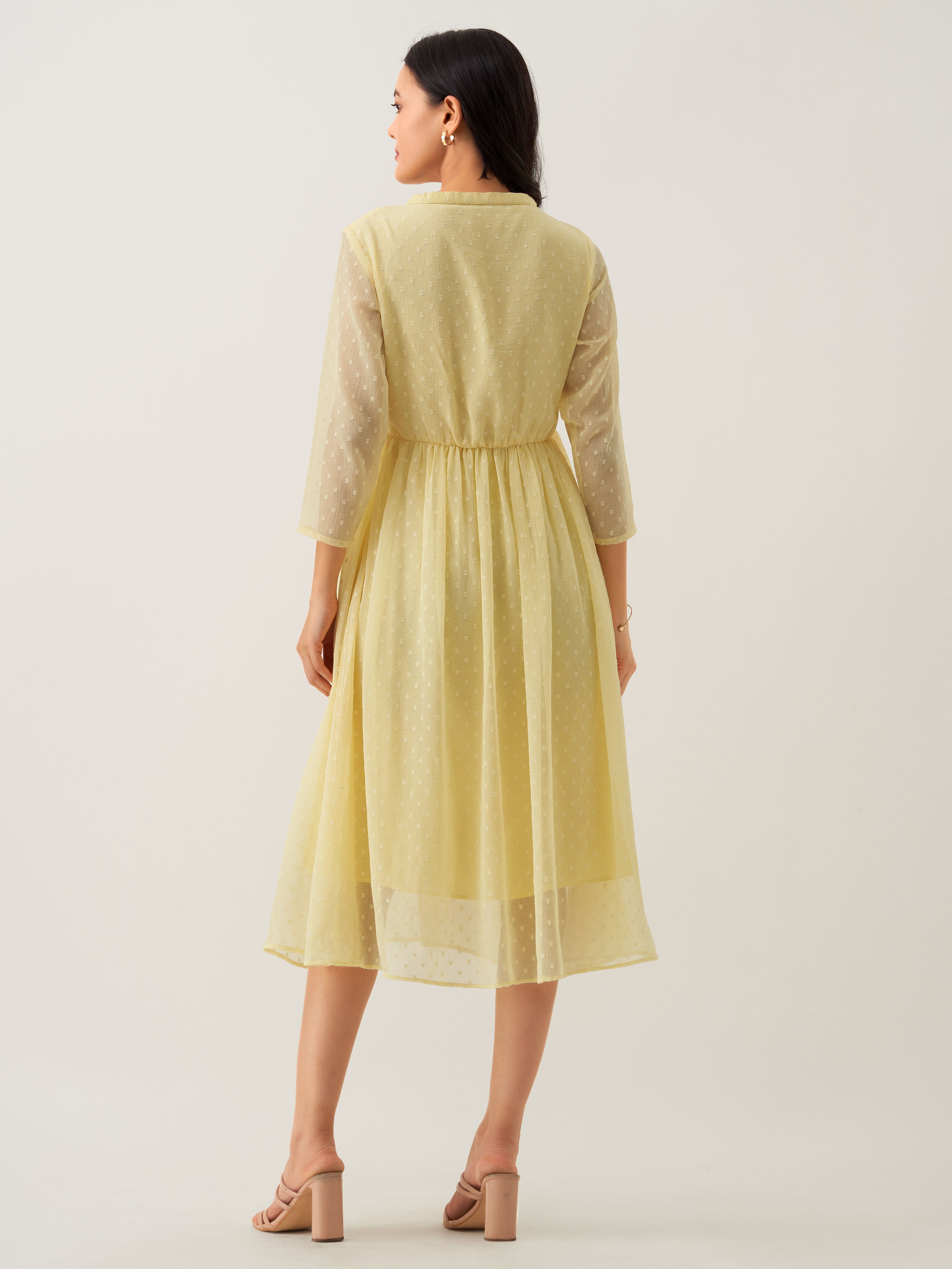 Light Yellow Chiffon Brasso Swiss Dot V-Neck Dress