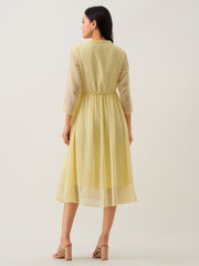 Light Yellow Chiffon Brasso Swiss Dot V-Neck Dress