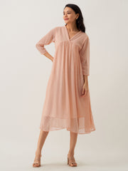 Peach Chiffon Brasso Swiss Dot V-Neck Dress