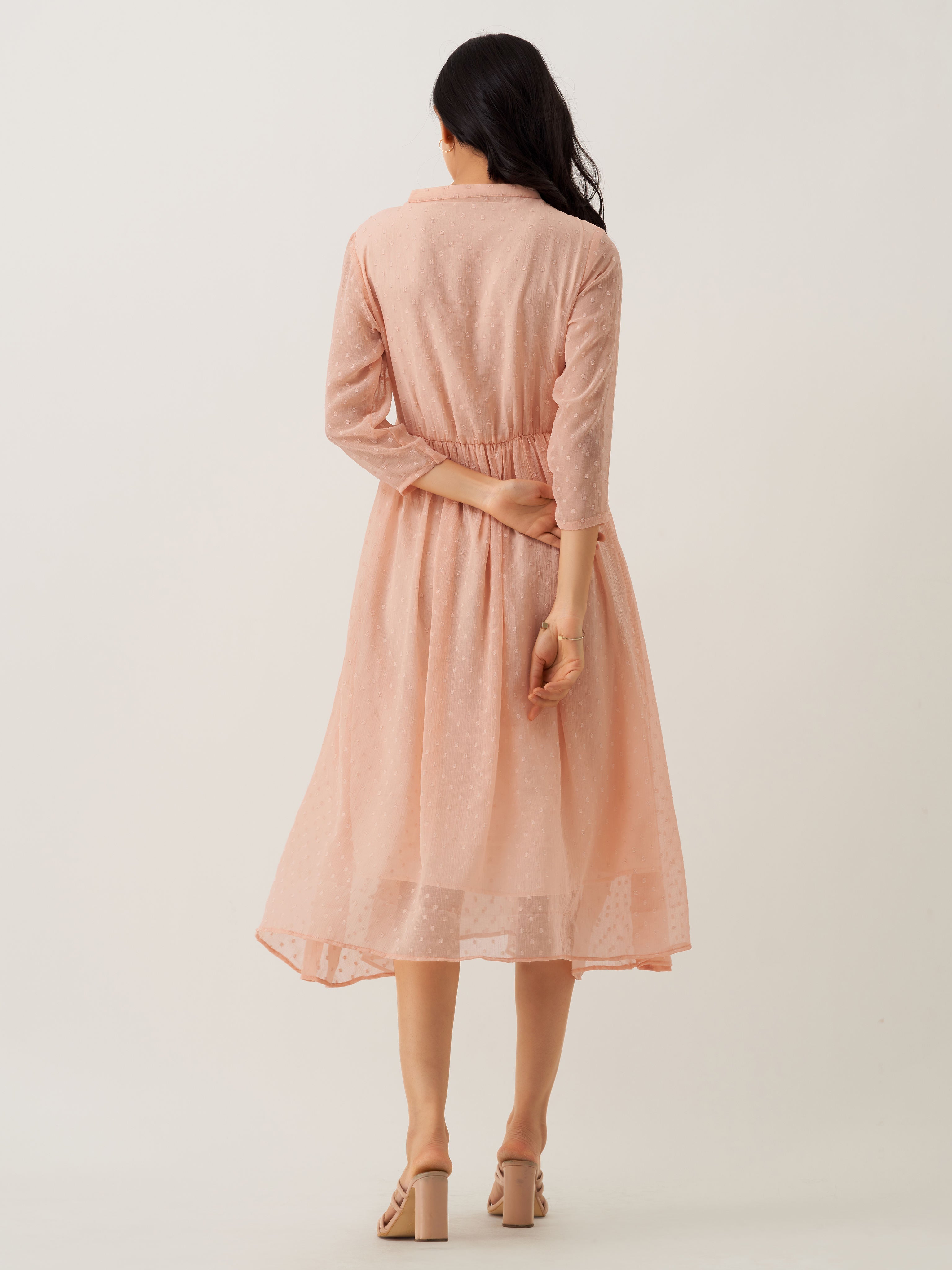 Peach Chiffon Brasso Swiss Dot V-Neck Dress