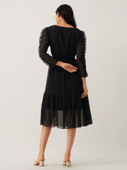 Black Chiffon Brasso Swiss Dot Round Neck Dress