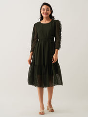 Dark Green Chiffon Brasso Swiss Dot Round Neck Dress