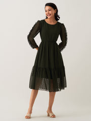 Dark Green Chiffon Brasso Swiss Dot Round Neck Dress