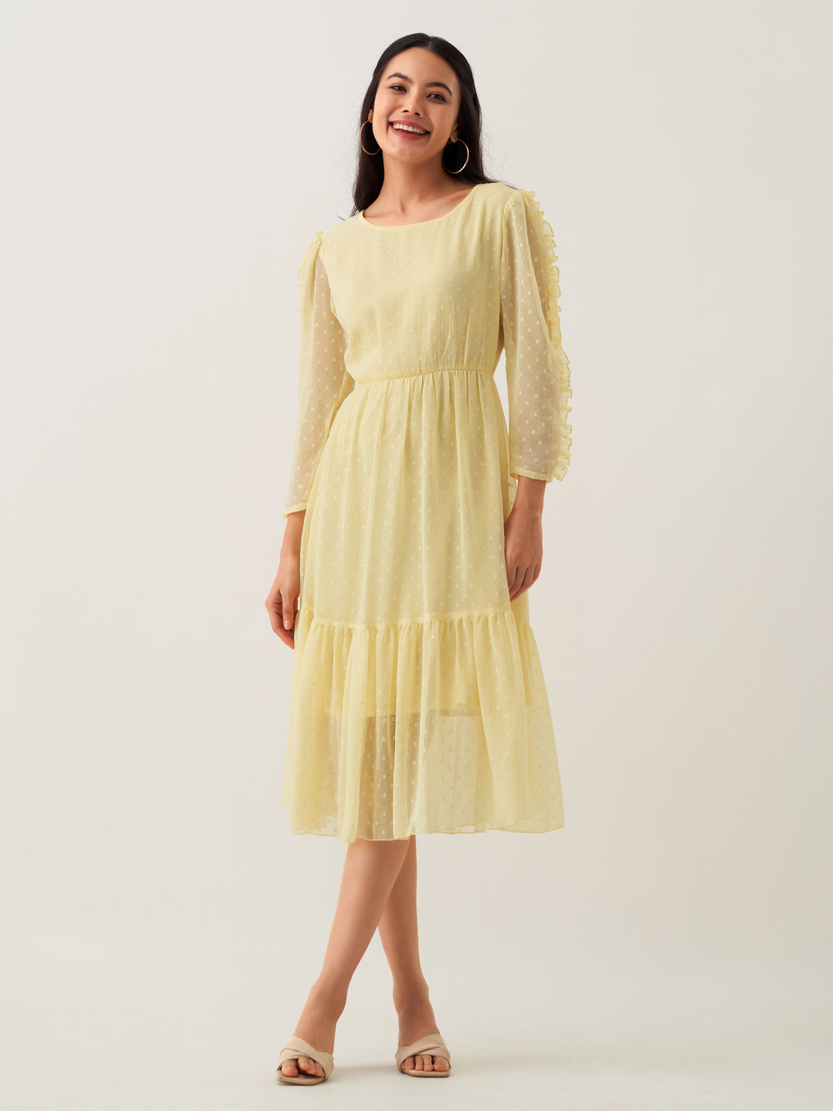 Light Yellow Chiffon Brasso Swiss Dot Round Neck Dress