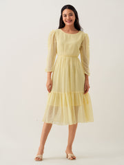 Light Yellow Chiffon Brasso Swiss Dot Round Neck Dress