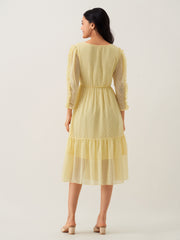 Light Yellow Chiffon Brasso Swiss Dot Round Neck Dress