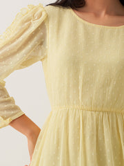 Light Yellow Chiffon Brasso Swiss Dot Round Neck Dress