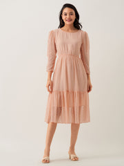 Peach Chiffon Brasso Swiss Dot Round Neck Dress