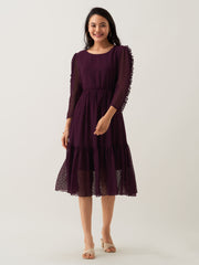 Purple Chiffon Brasso Swiss Dot Round Neck Dress