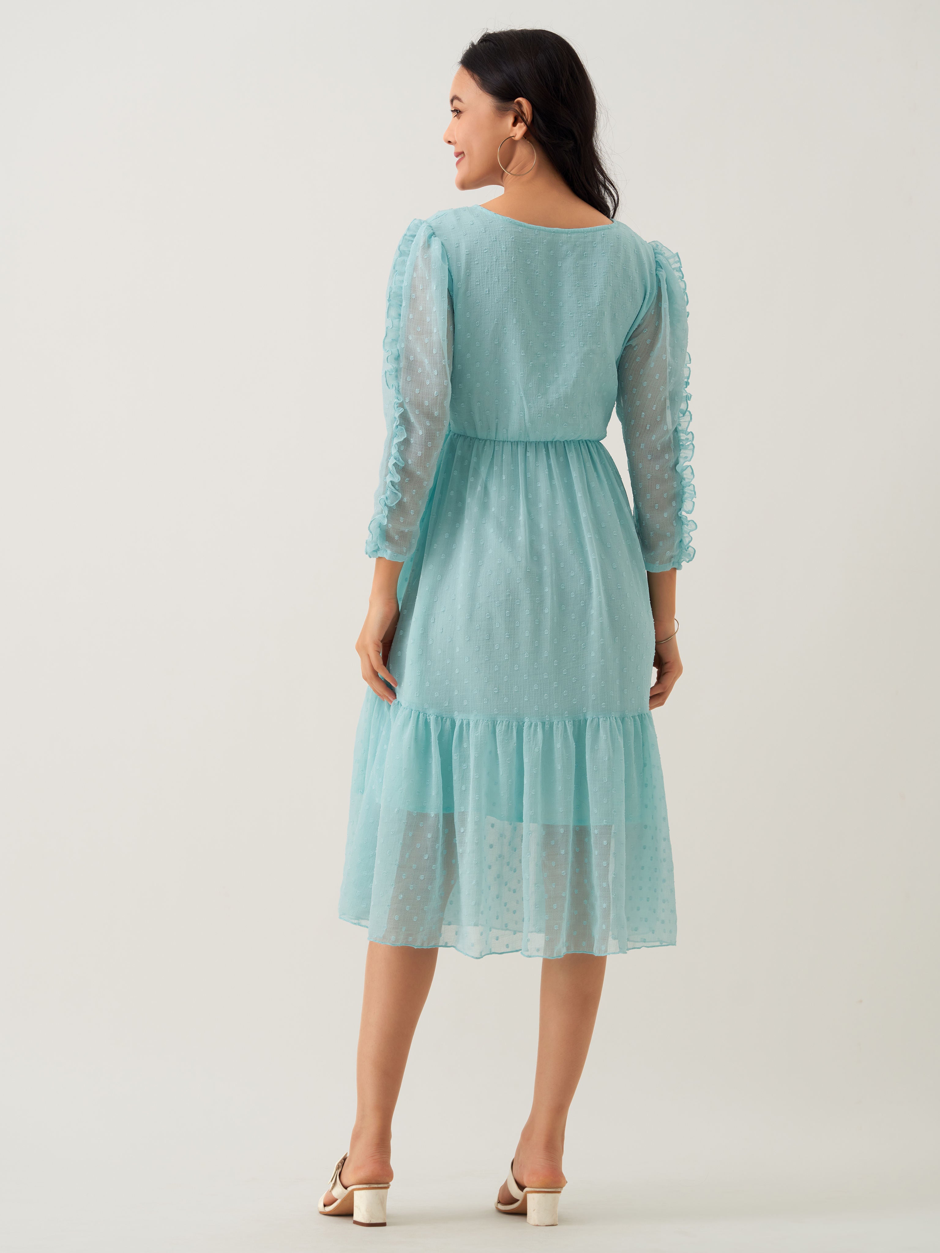 Light Blue Chiffon Brasso Swiss Dot Round Neck Dress XX-Large-42 Light Blue Chiffon Brasso Swiss Dot Round Neck Dress XX-Large-42