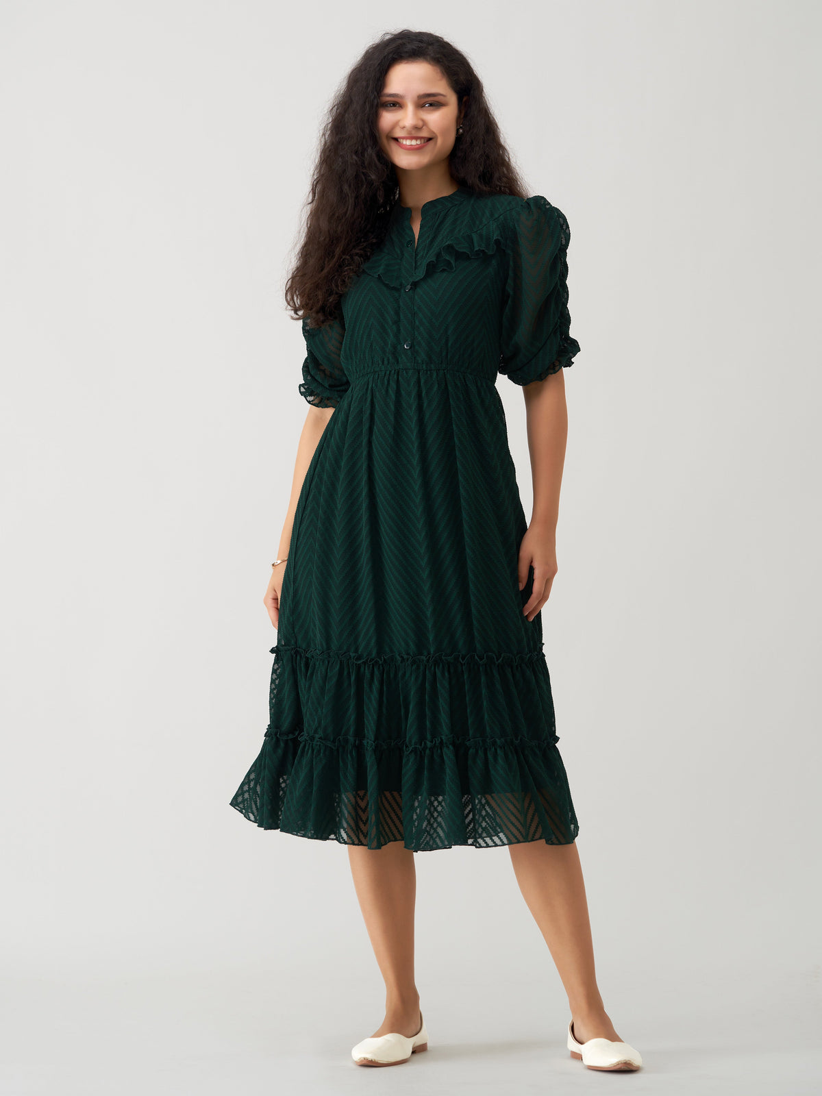 Timber Green Chiffon Brasso Swiss Dot High Neck Dress