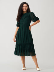 Timber Green Chiffon Brasso Swiss Dot High Neck Dress