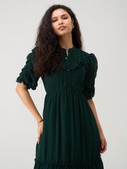 Timber Green Chiffon Brasso Swiss Dot High Neck Dress