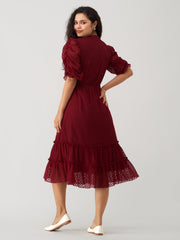 Wine Chiffon Brasso Swiss Dot High Neck Dress