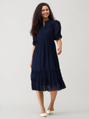 Navy Blue Chiffon Brasso Swiss Dot High Neck Dress