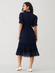 Navy Blue Chiffon Brasso Swiss Dot High Neck Dress