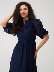 Navy Blue Chiffon Brasso Swiss Dot High Neck Dress