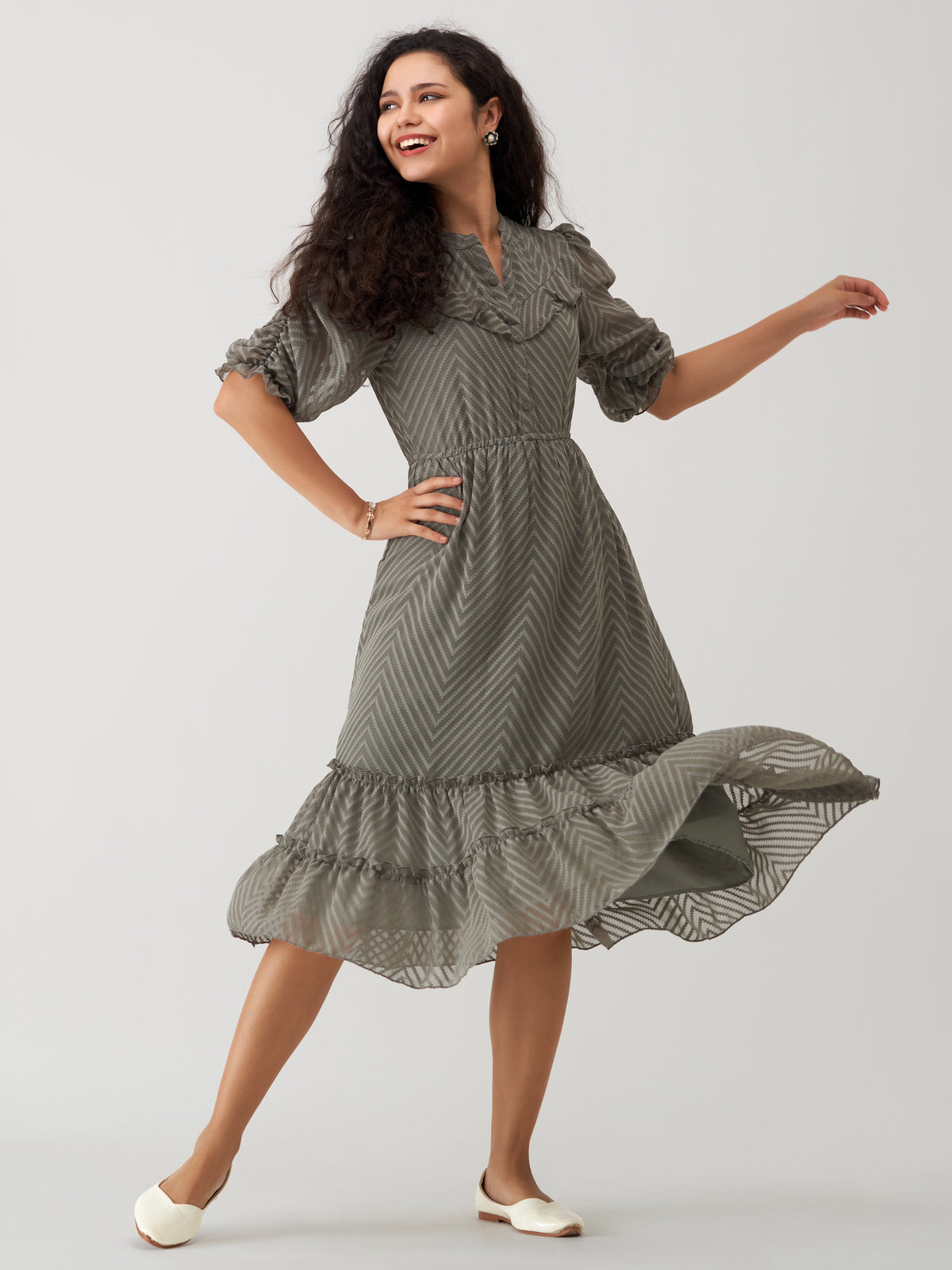 Grey Chiffon Brasso Swiss Dot High Neck Dress