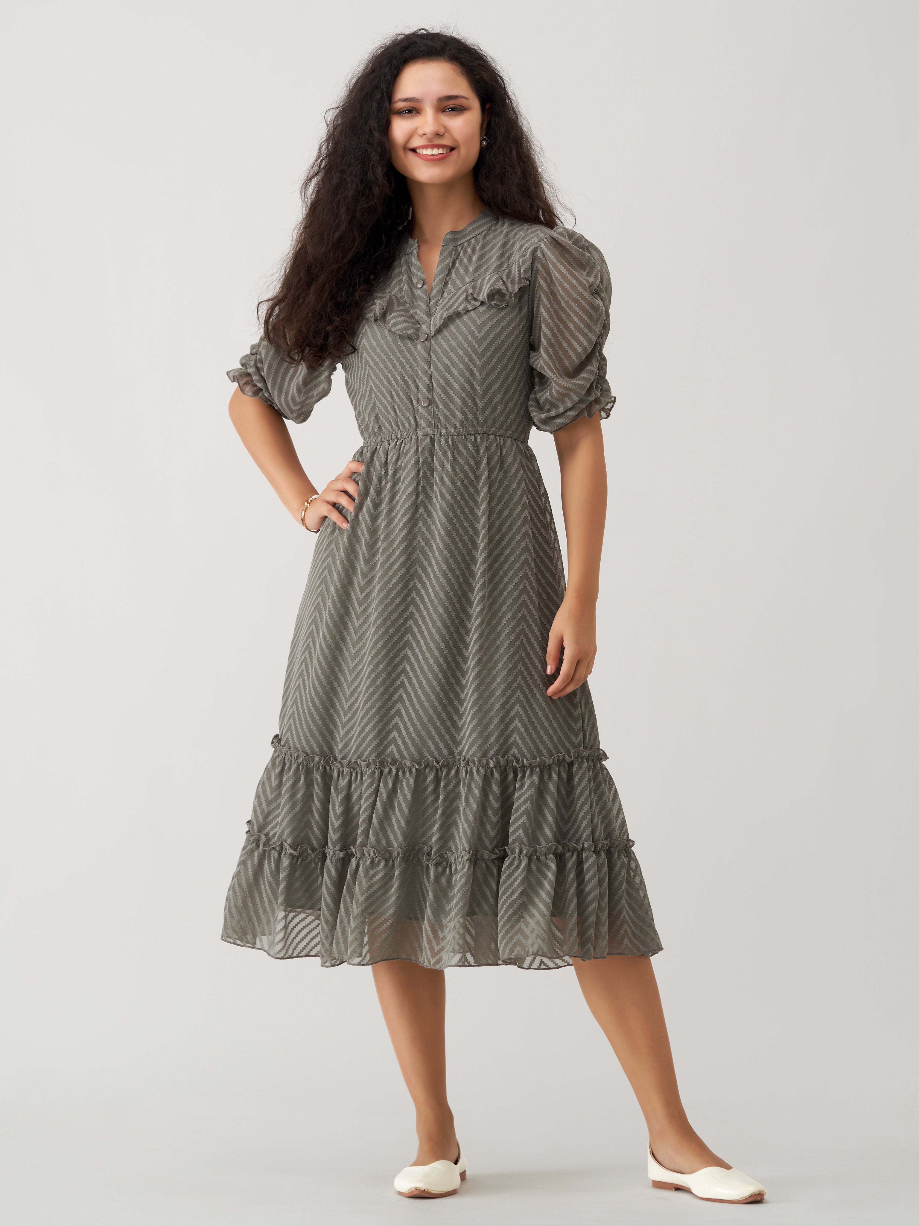 Grey Chiffon Brasso Swiss Dot High Neck Dress