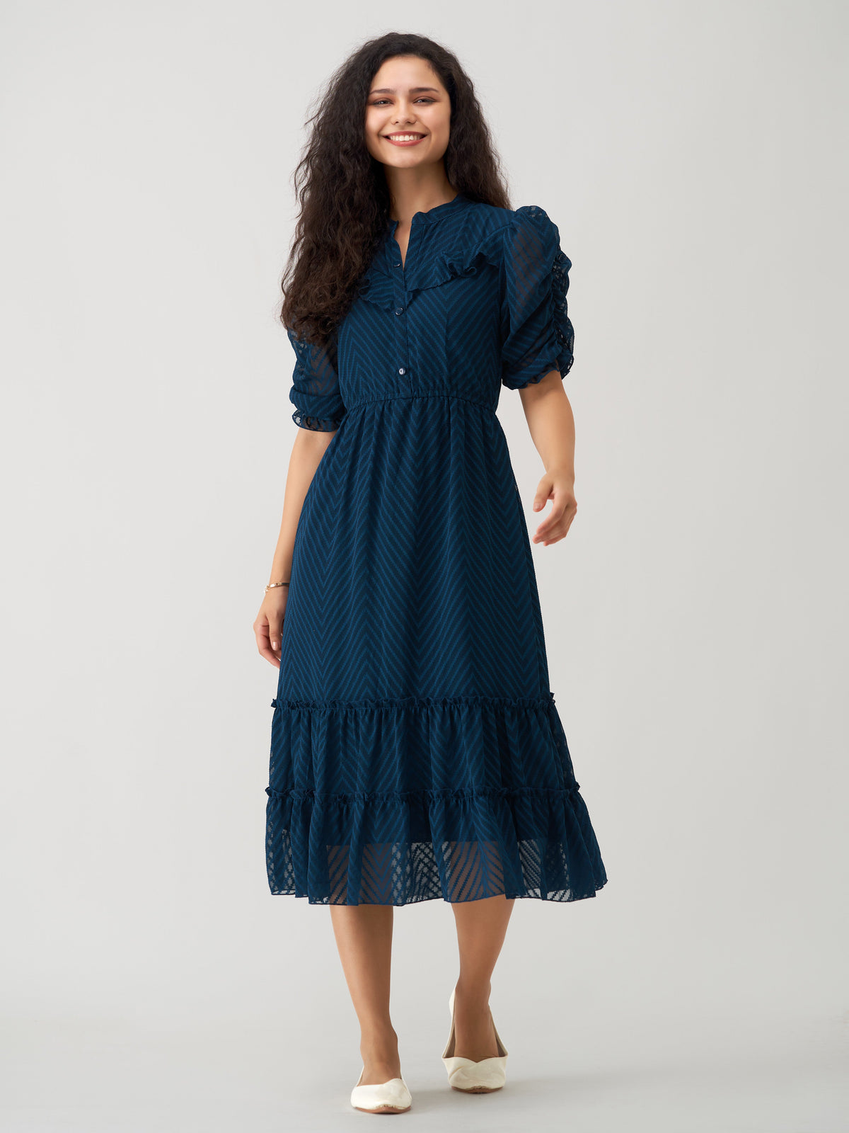 Peacock Blue Chiffon Brasso Swiss Dot High Neck Dress