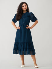 Peacock Blue Chiffon Brasso Swiss Dot High Neck Dress