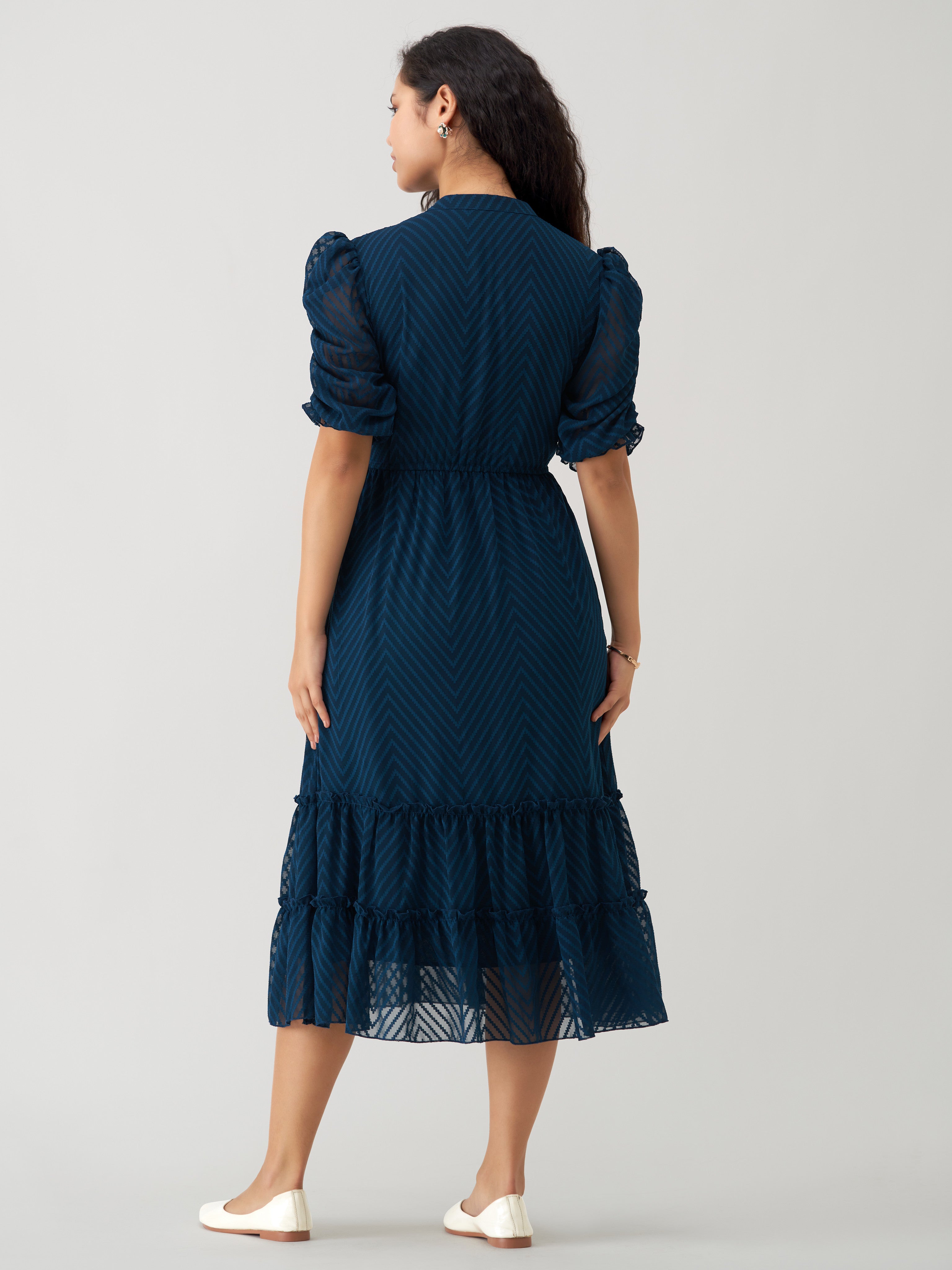 Peacock Blue Chiffon Brasso Swiss Dot High Neck Dress