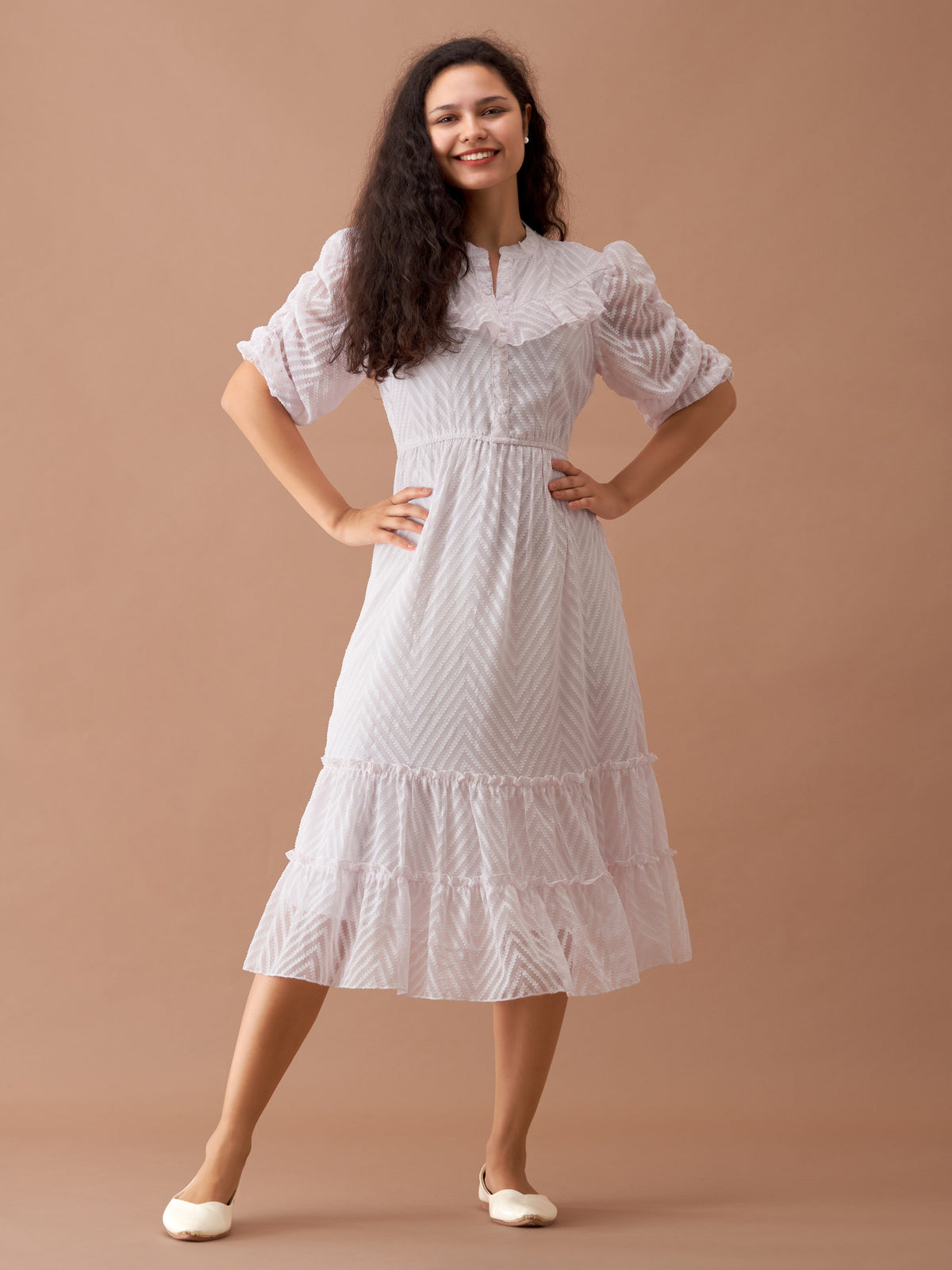 White Chiffon Brasso Swiss Dot High Neck Dress