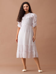 White Chiffon Brasso Swiss Dot High Neck Dress