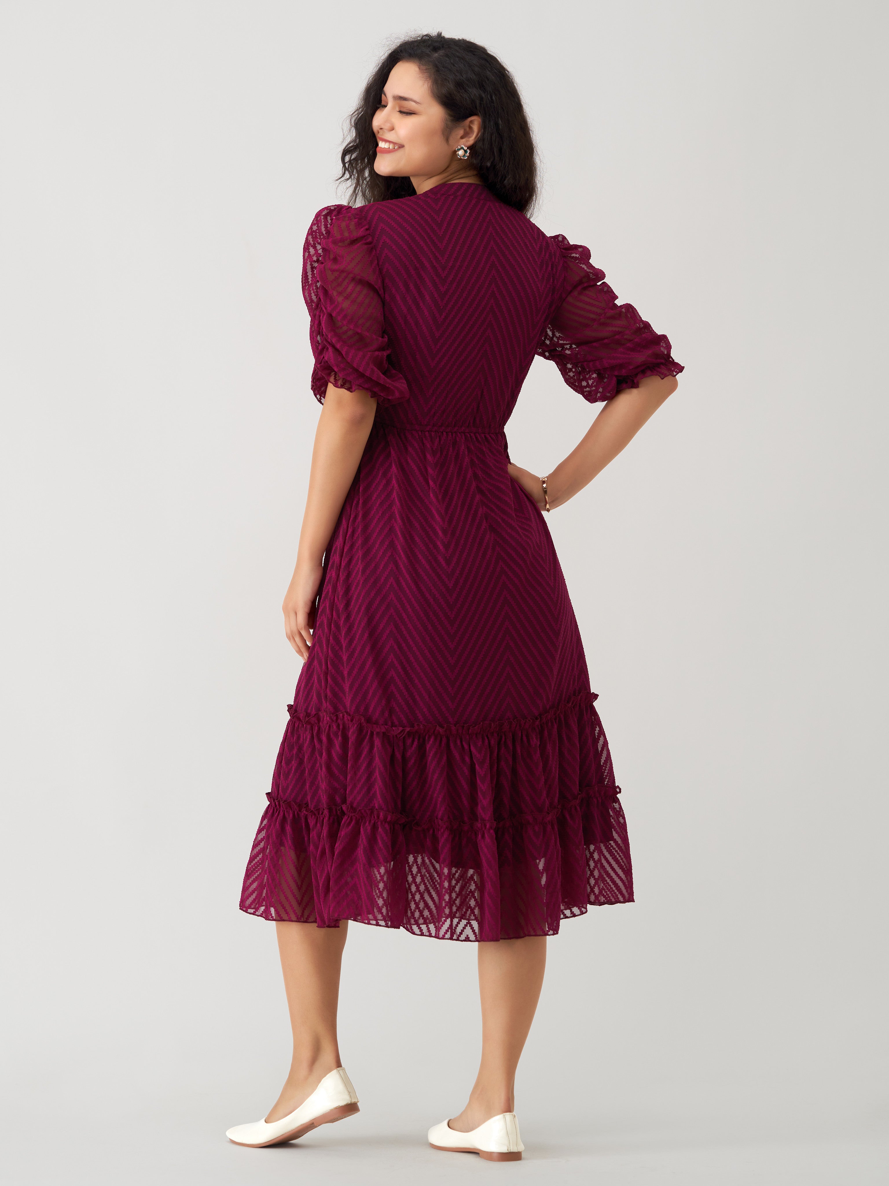 Maroon Oak Chiffon Brasso Swiss Dot High Neck Dress