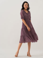 Purple Chiffon Brasso Swiss Dot V-Neck Dress