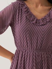 Purple Chiffon Brasso Swiss Dot V-Neck Dress