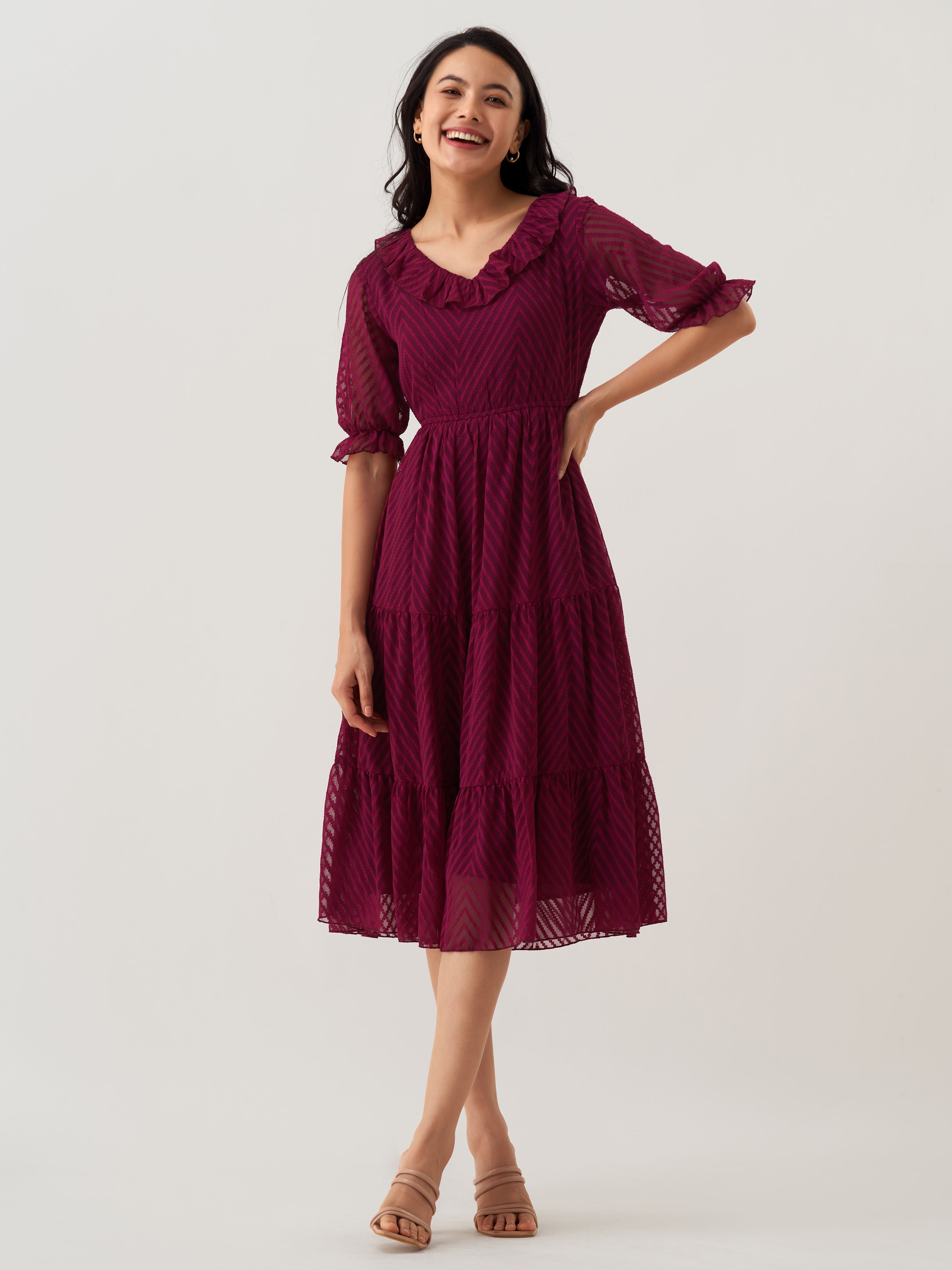 Wine Chiffon Brasso Swiss Dot V-Neck Dress