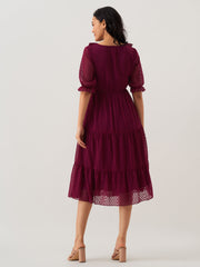 Wine Chiffon Brasso Swiss Dot V-Neck Dress