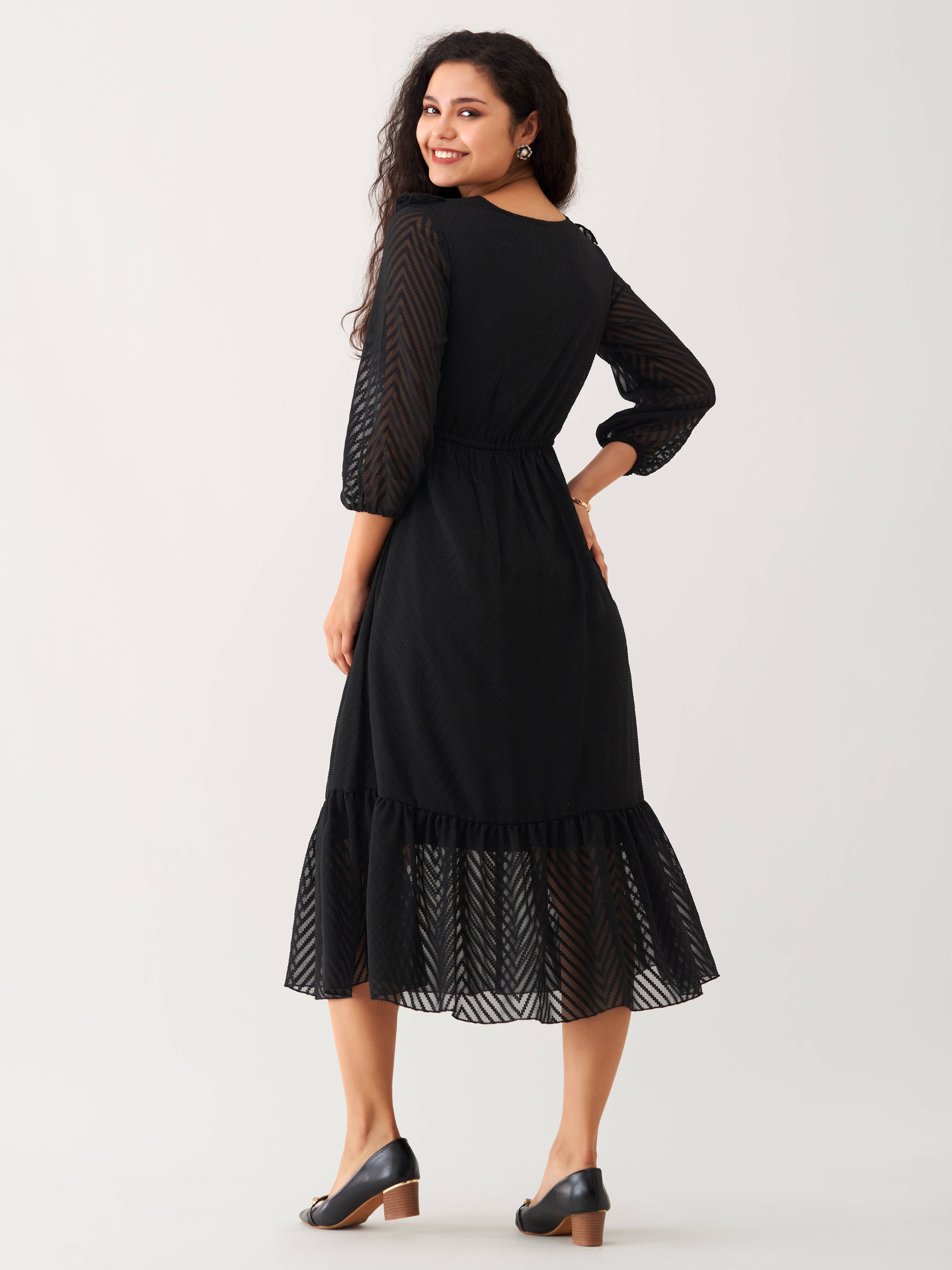 Black Chiffon Brasso Swiss Dot V-Neck Dress