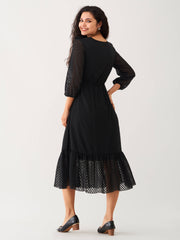 Black Chiffon Brasso Swiss Dot V-Neck Dress