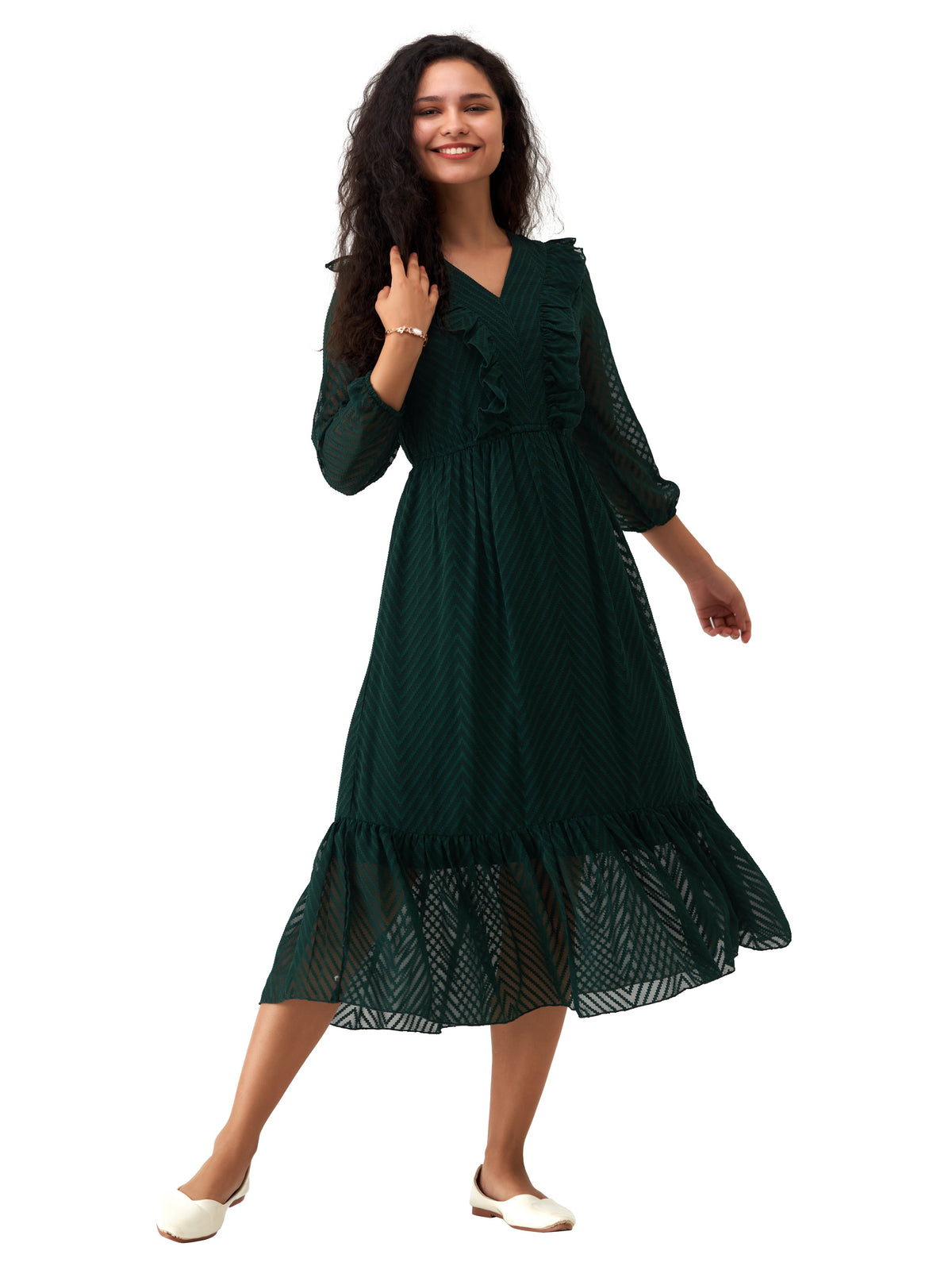 Dark Green Chiffon Brasso Swiss Dot V-Neck Dress