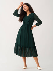 Dark Green Chiffon Brasso Swiss Dot V-Neck Dress