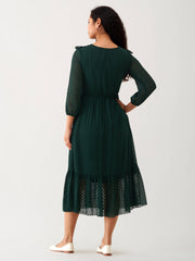 Dark Green Chiffon Brasso Swiss Dot V-Neck Dress