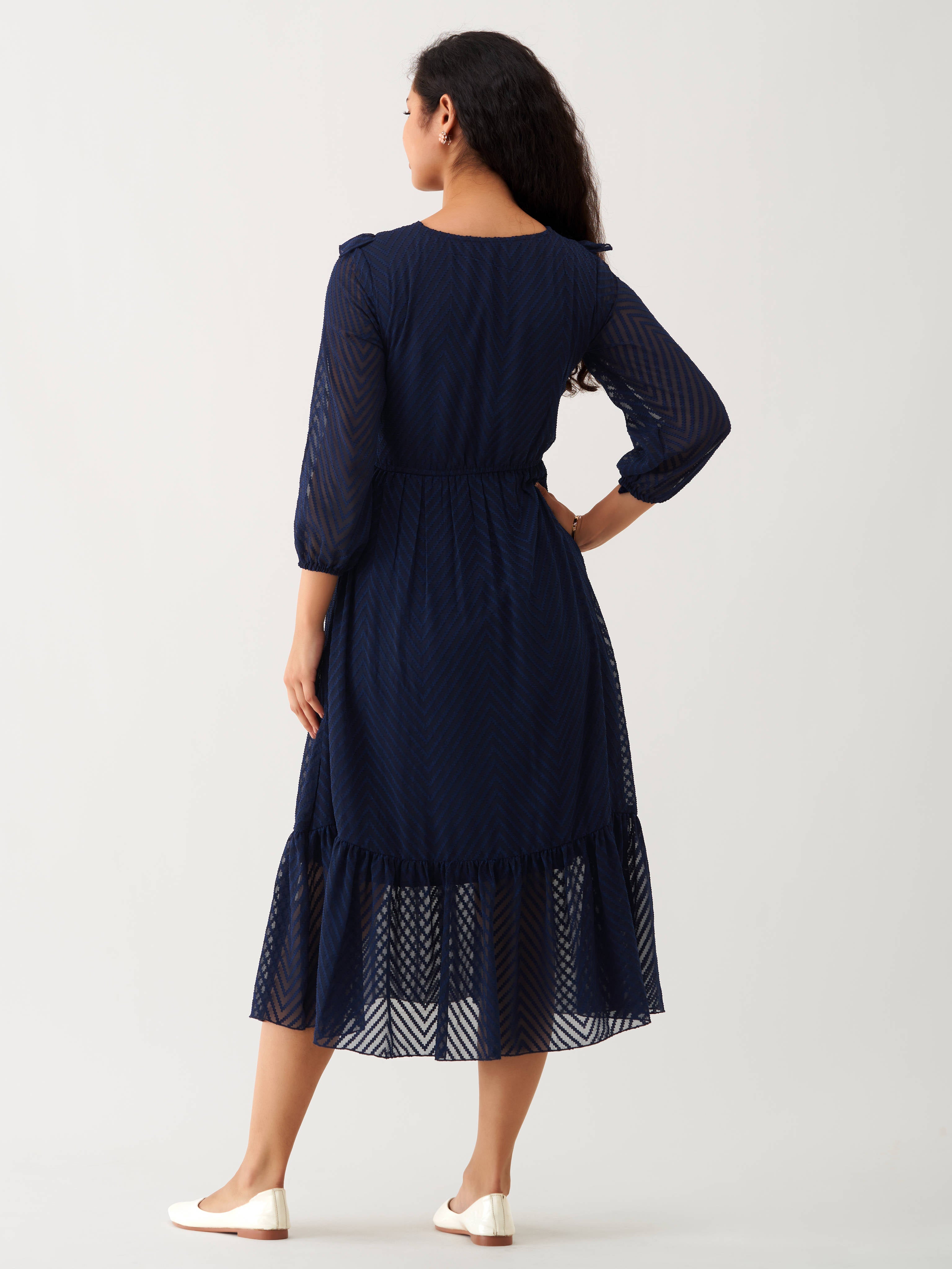 Navy Blue Chiffon Brasso Swiss Dot V-Neck Dress