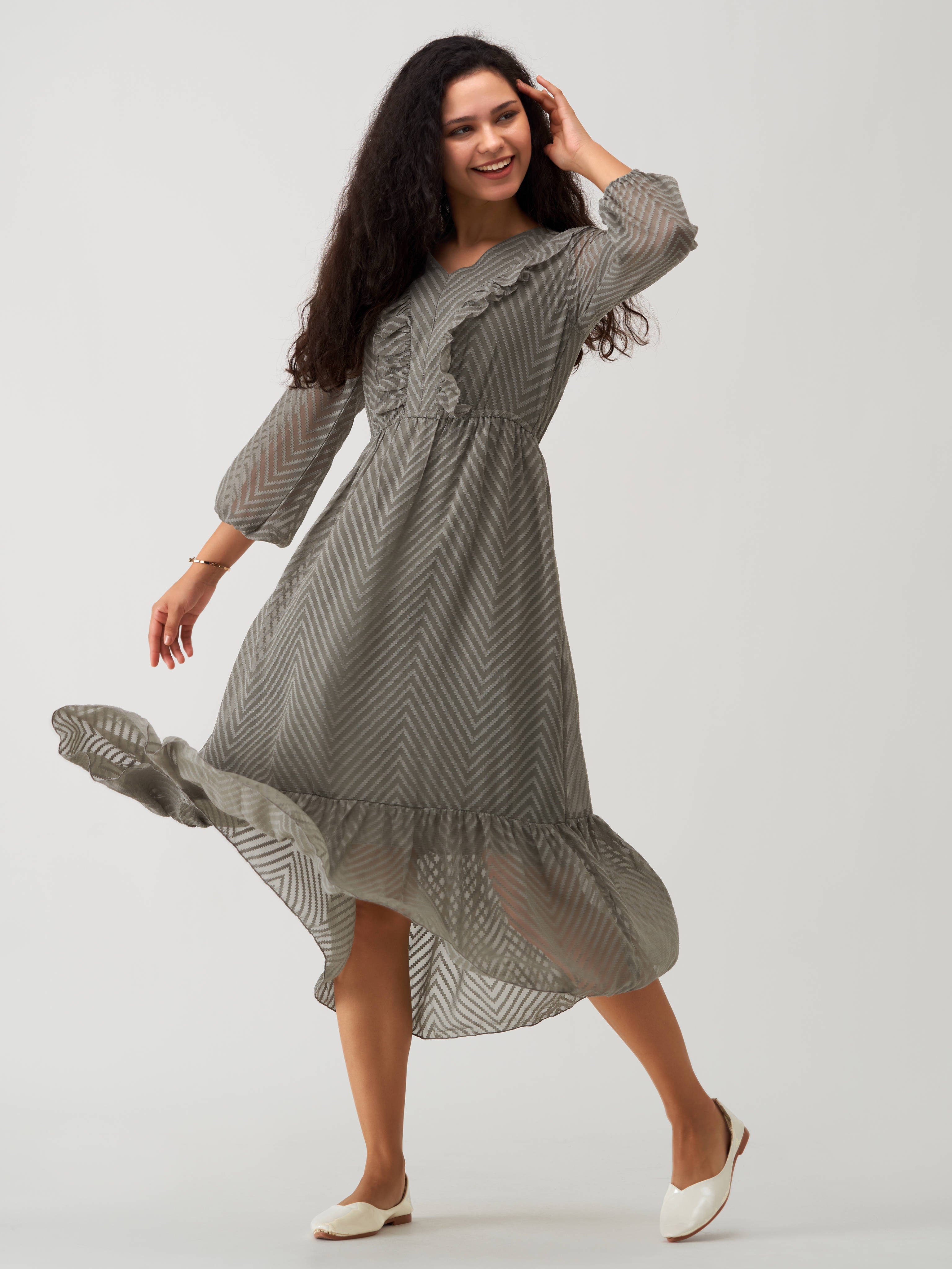 Grey Chiffon Brasso Swiss Dot V-Neck Dress