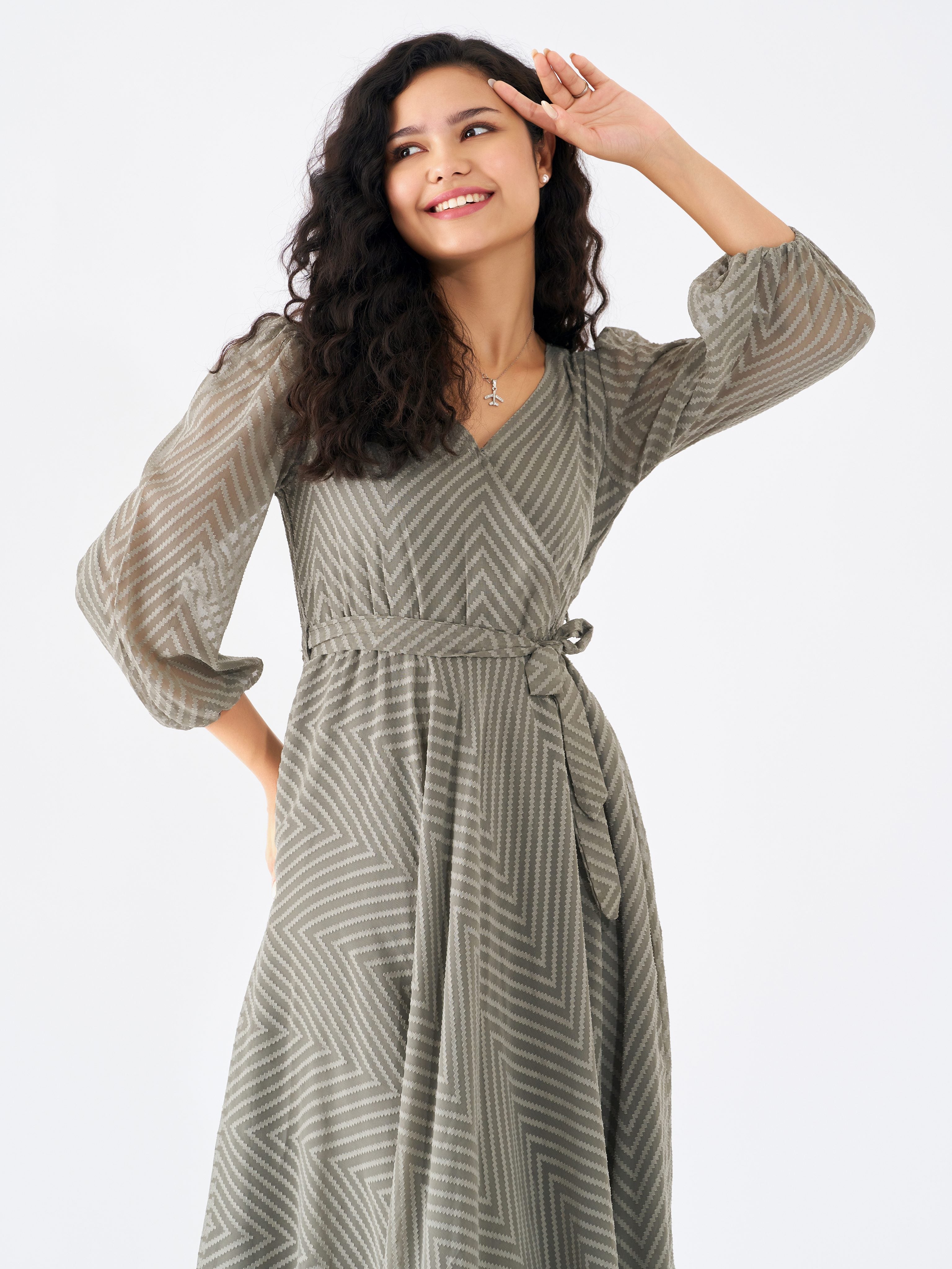 Grey Chiffon Brasso Swiss Dot V-Neck Dress