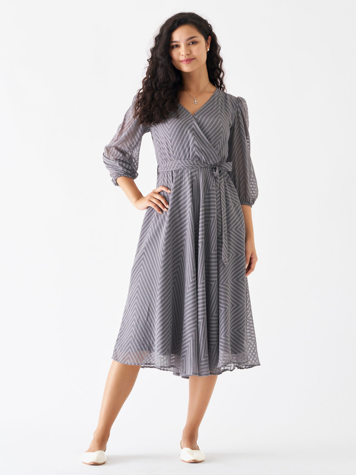 Slate Blue Chiffon Brasso Swiss Dot V-Neck Dress