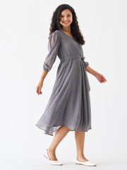 Slate Blue Chiffon Brasso Swiss Dot V-Neck Dress