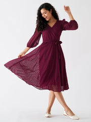 Wine Berry Chiffon Brasso Swiss Dot V-Neck Dress