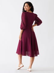 Wine Berry Chiffon Brasso Swiss Dot V-Neck Dress