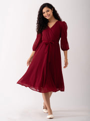 Maroon Oak Chiffon Brasso Swiss Dot V-Neck Dress