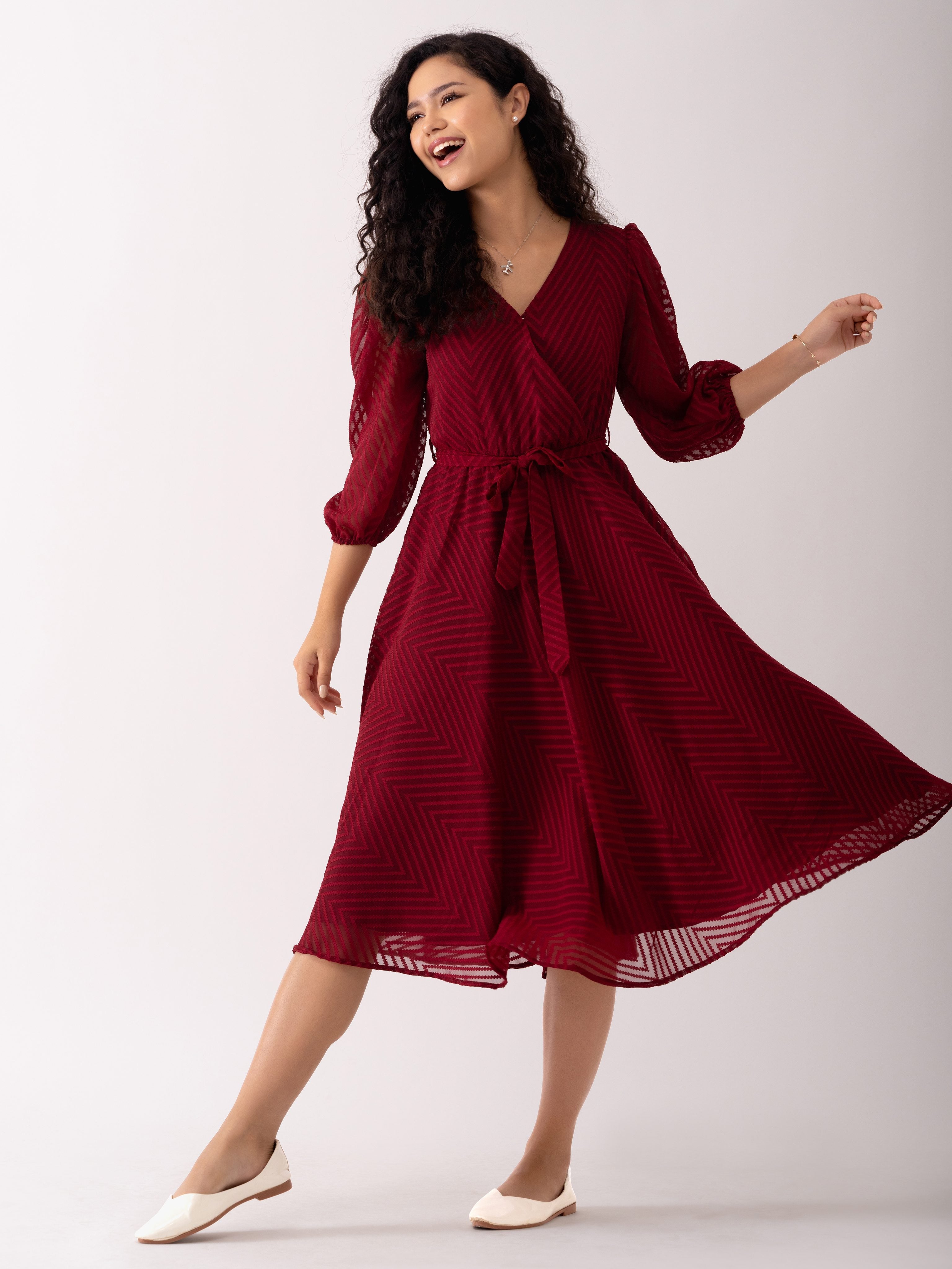 Maroon Oak Chiffon Brasso Swiss Dot V-Neck Dress