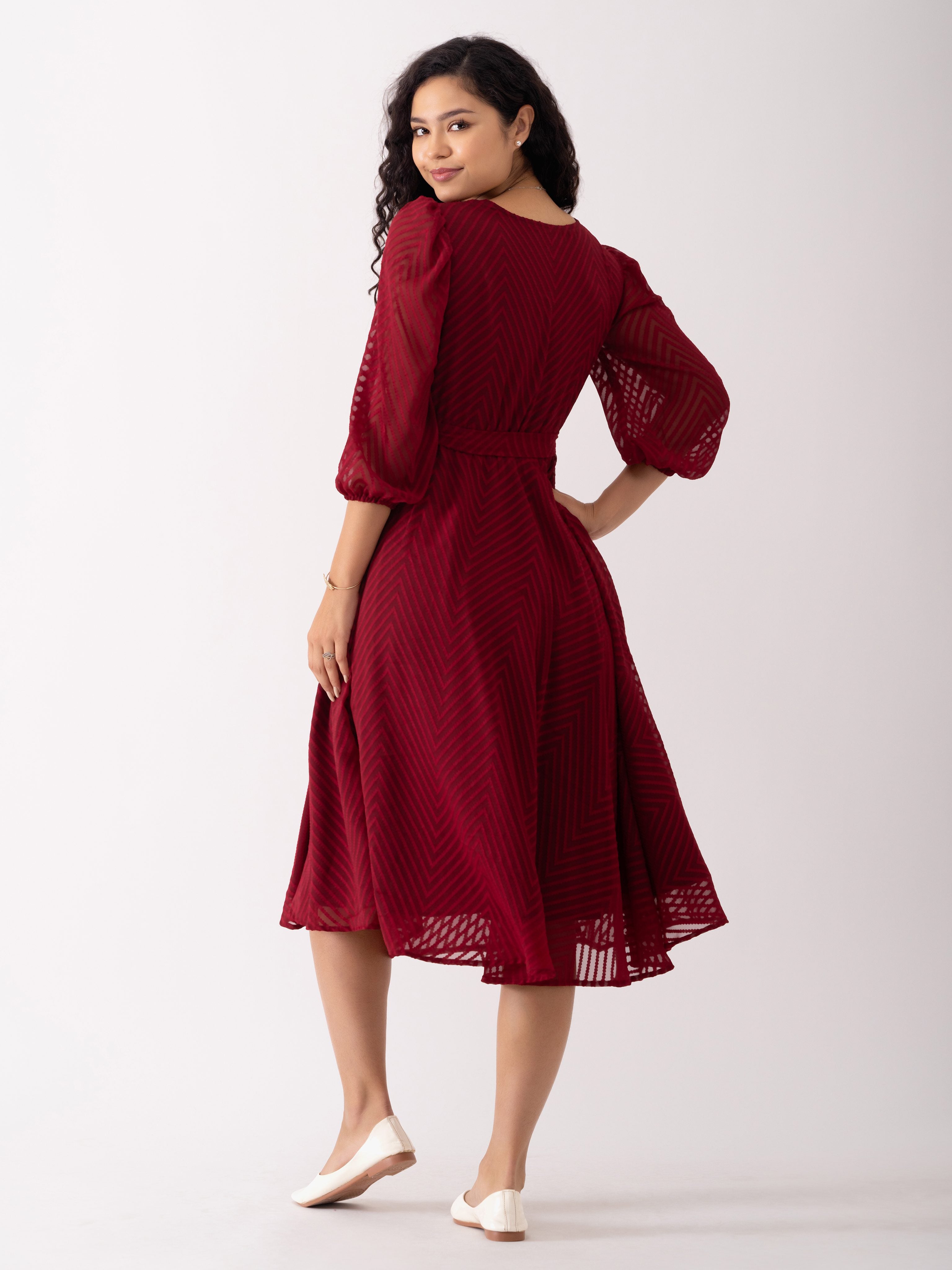 Maroon Oak Chiffon Brasso Swiss Dot V-Neck Dress