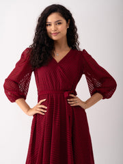 Maroon Oak Chiffon Brasso Swiss Dot V-Neck Dress